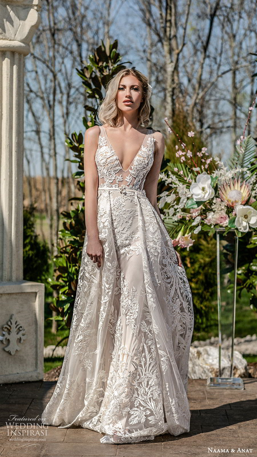 naama anat spring 2020 bridal sleeveless sheer straps deep v neckline illusion bodice fully embellished lace a line ball gown wedding dress (5) low back chapel train princess romantic mv