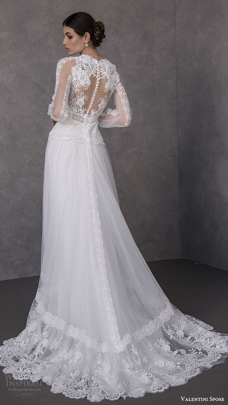 valentini spose spring 2020 bridal illusion bishop sleeves high neck lace bodice soft a line wedding dress (15) romantic boho chic bv