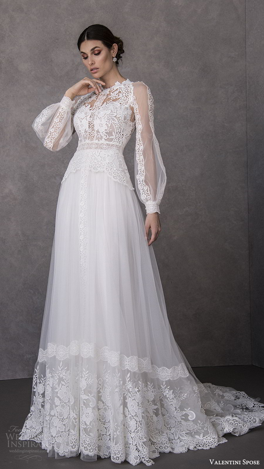 valentini spose spring 2020 bridal illusion bishop sleeves high neck lace bodice soft a line wedding dress (15) romantic boho chic mv