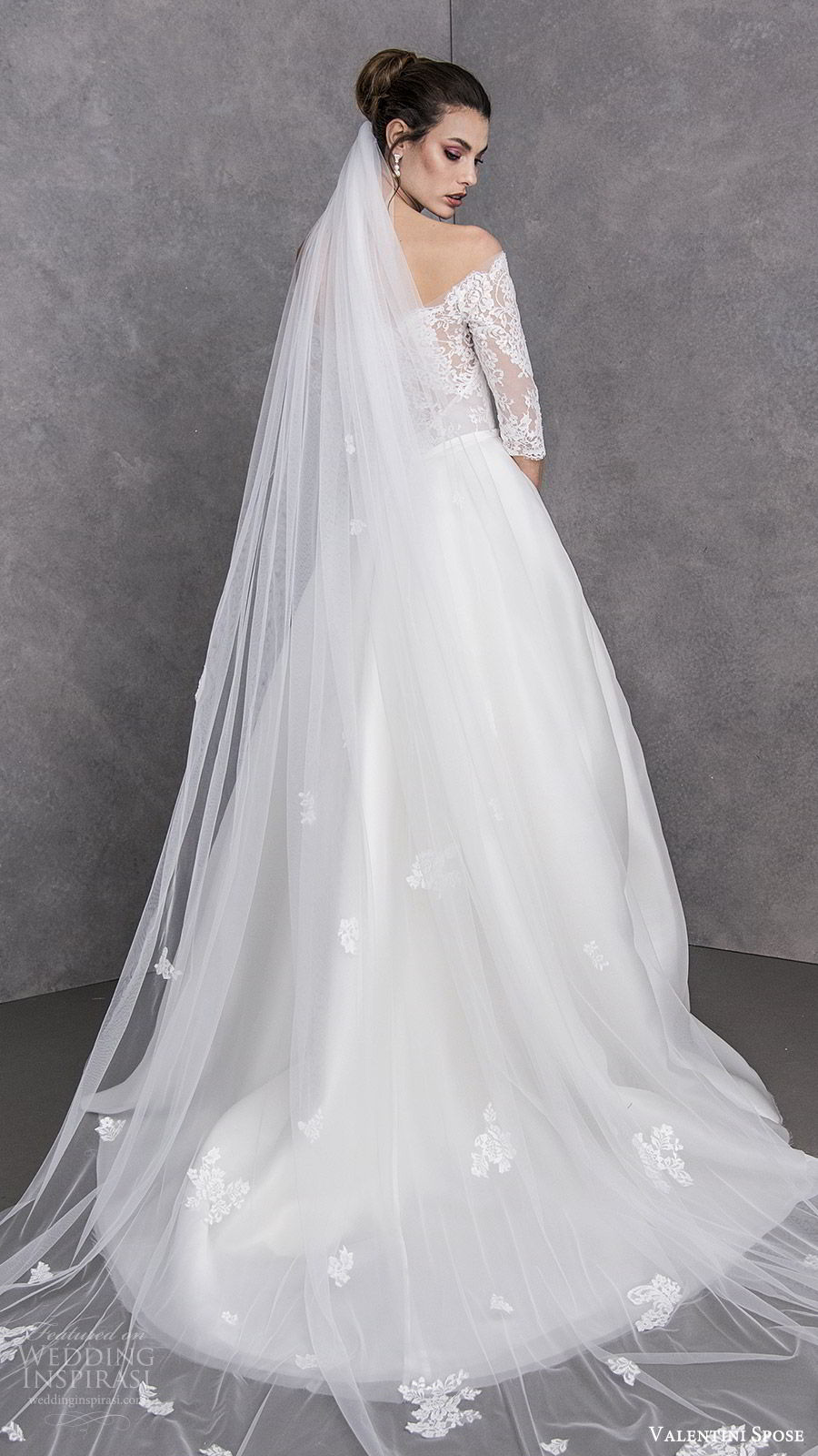 valentini spose spring 2020 bridal off shoulder illusion 3 quarter sleees lace bodice a line ball gown wedding dress (22) elegant princess romantic chapel train bv