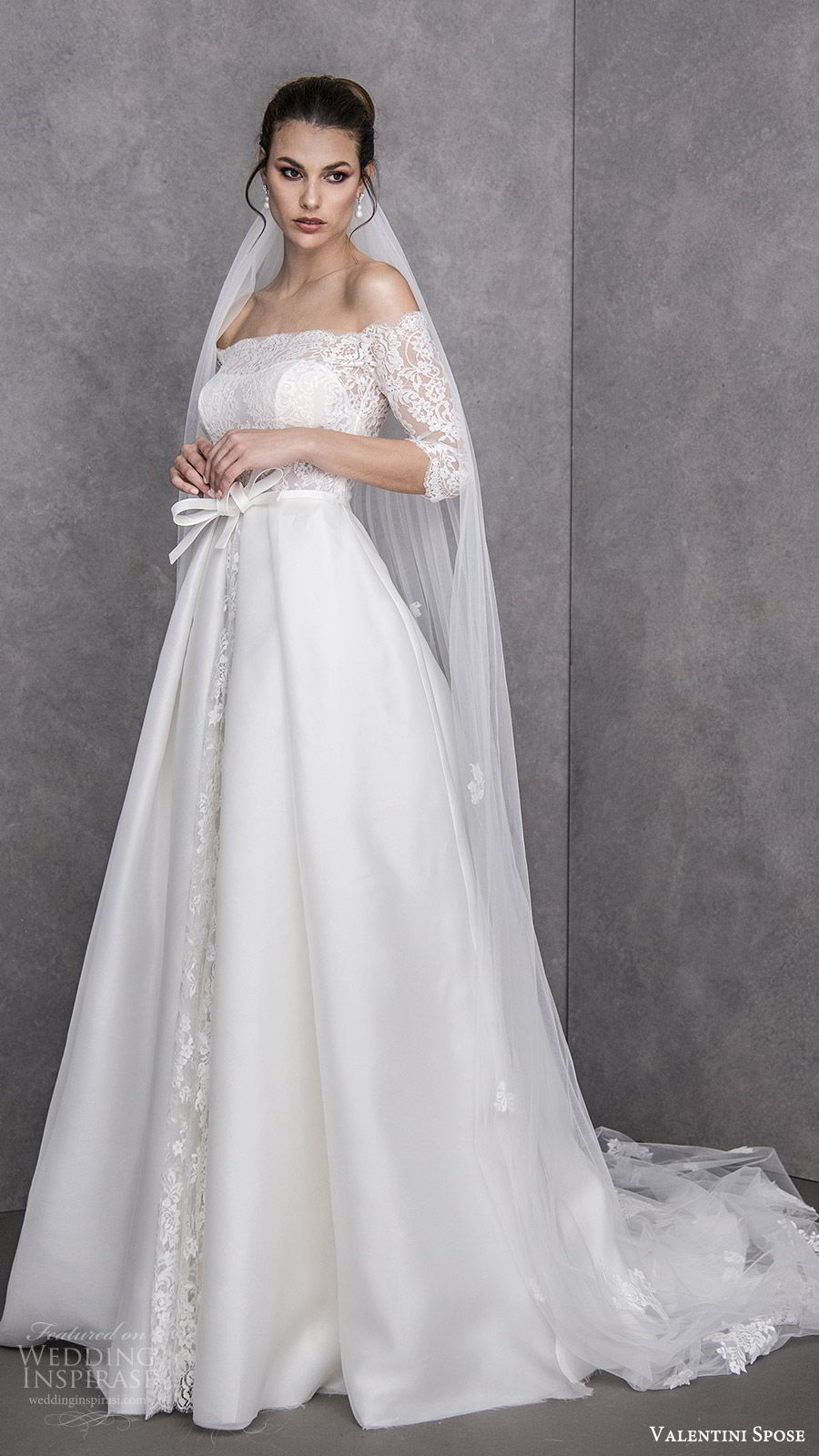 valentini spose spring 2020 bridal off shoulder illusion 3 quarter sleees lace bodice a line ball gown wedding dress (22) elegant princess romantic chapel train mv