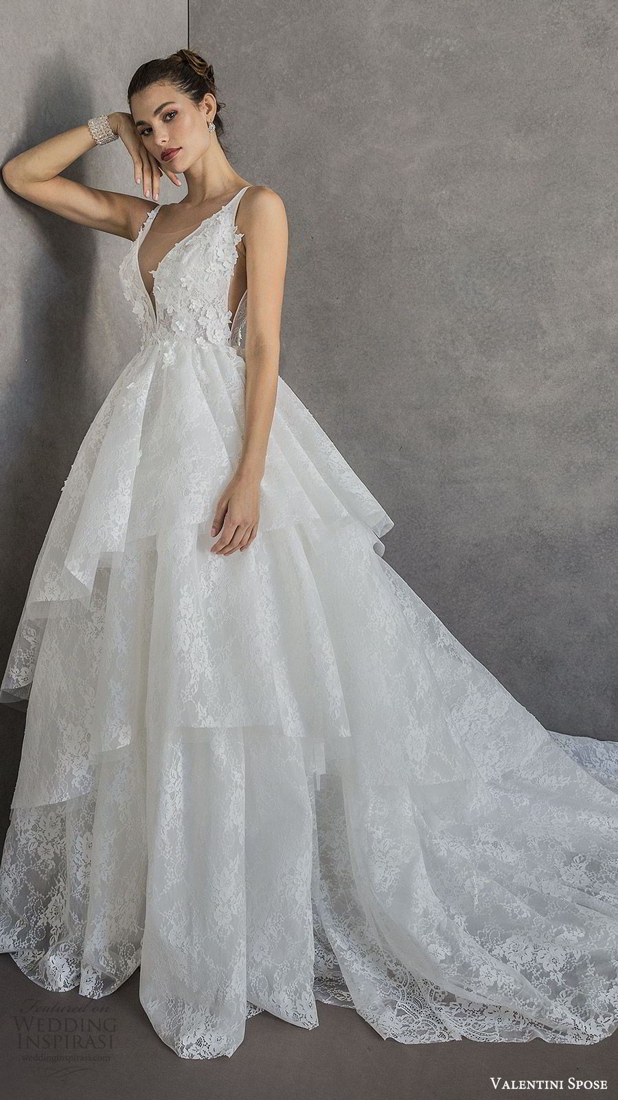 valentini spose spring 2020 bridal sleeveless deep v neckline embellished bodice lace a line ball gown wedding dress (8) tiered skirt romantic princess mv