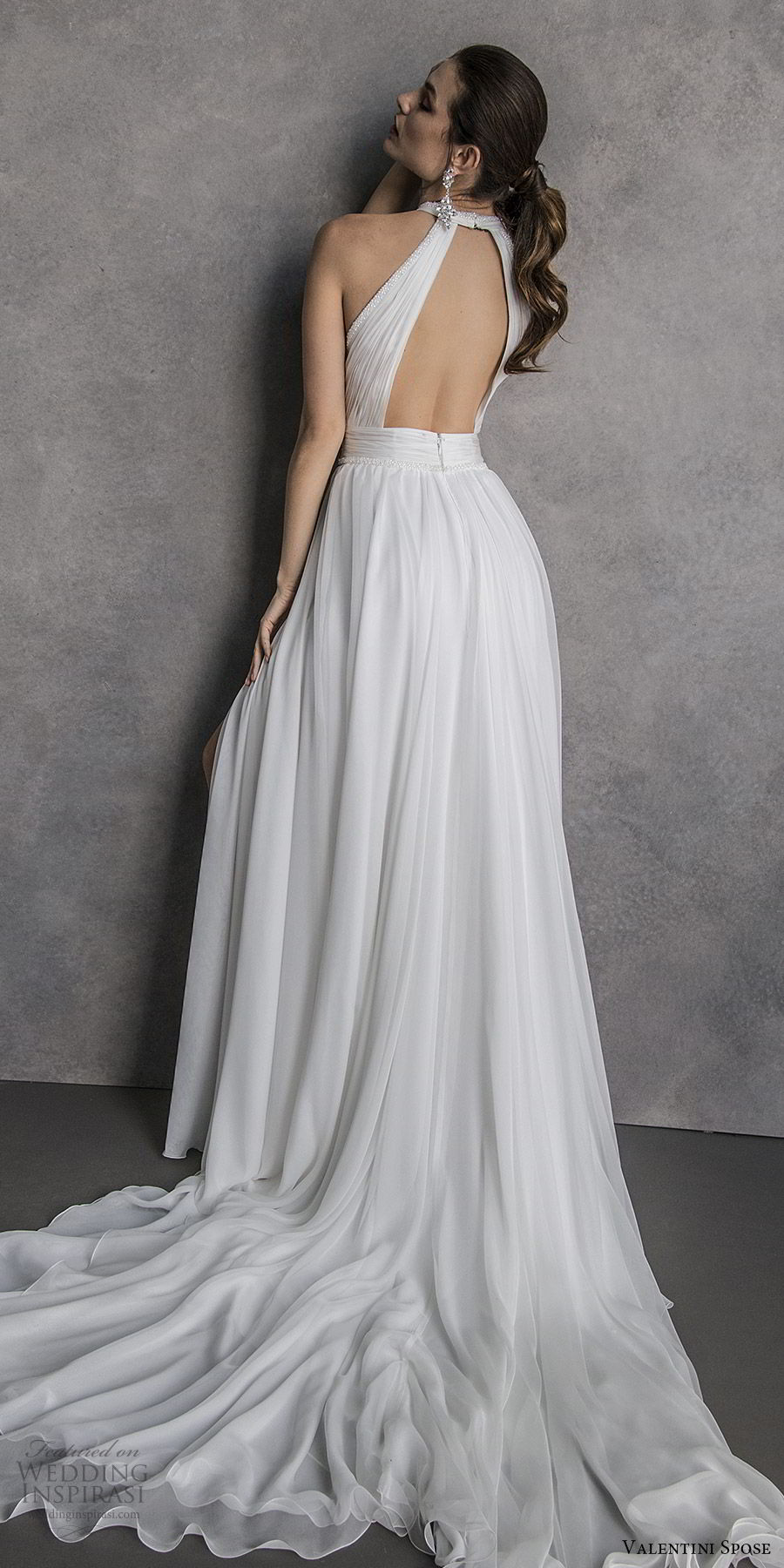 valentini spose spring 2020 bridal sleeveless halter neck cutout ruched bodice double slit skirt soft a line wedding dress (19) bv