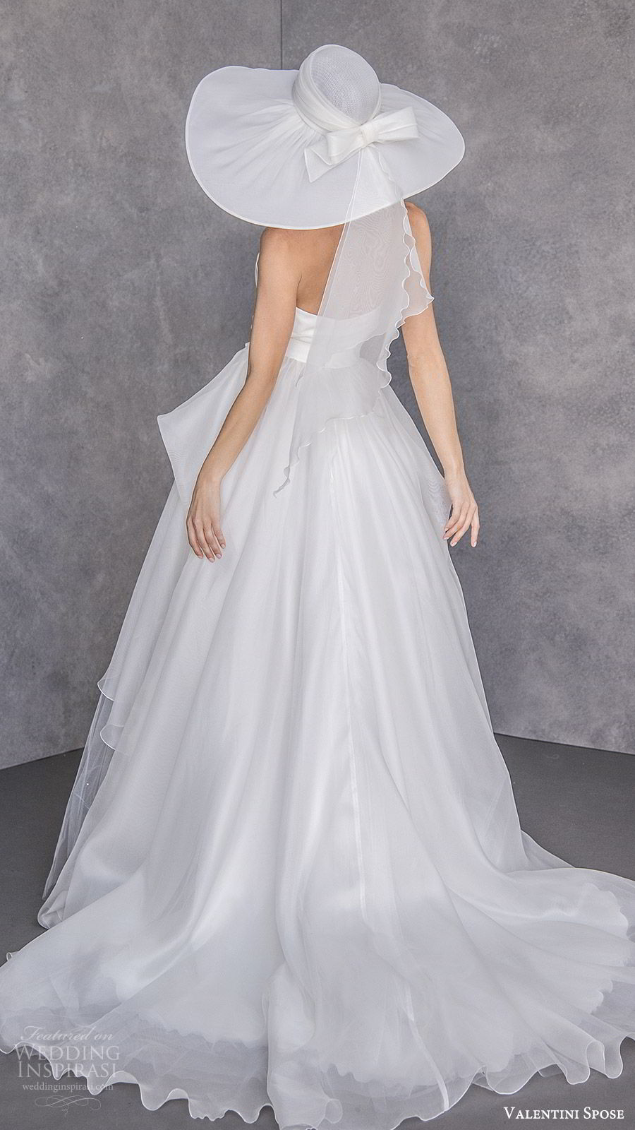 valentini spose spring 2020 bridal sleeveless halter neck deep v neckline a line ball gown wedding dress (23) tiered skirt elegant chic hat chapel train bv