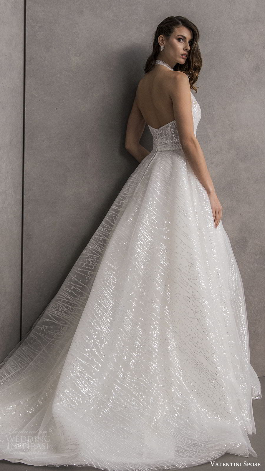 valentini spose spring 2020 bridal sleeveless halter neck deep v neckline fully embellished a line ball gown wedding dress (13) chapel train glitzy romantic glam bv