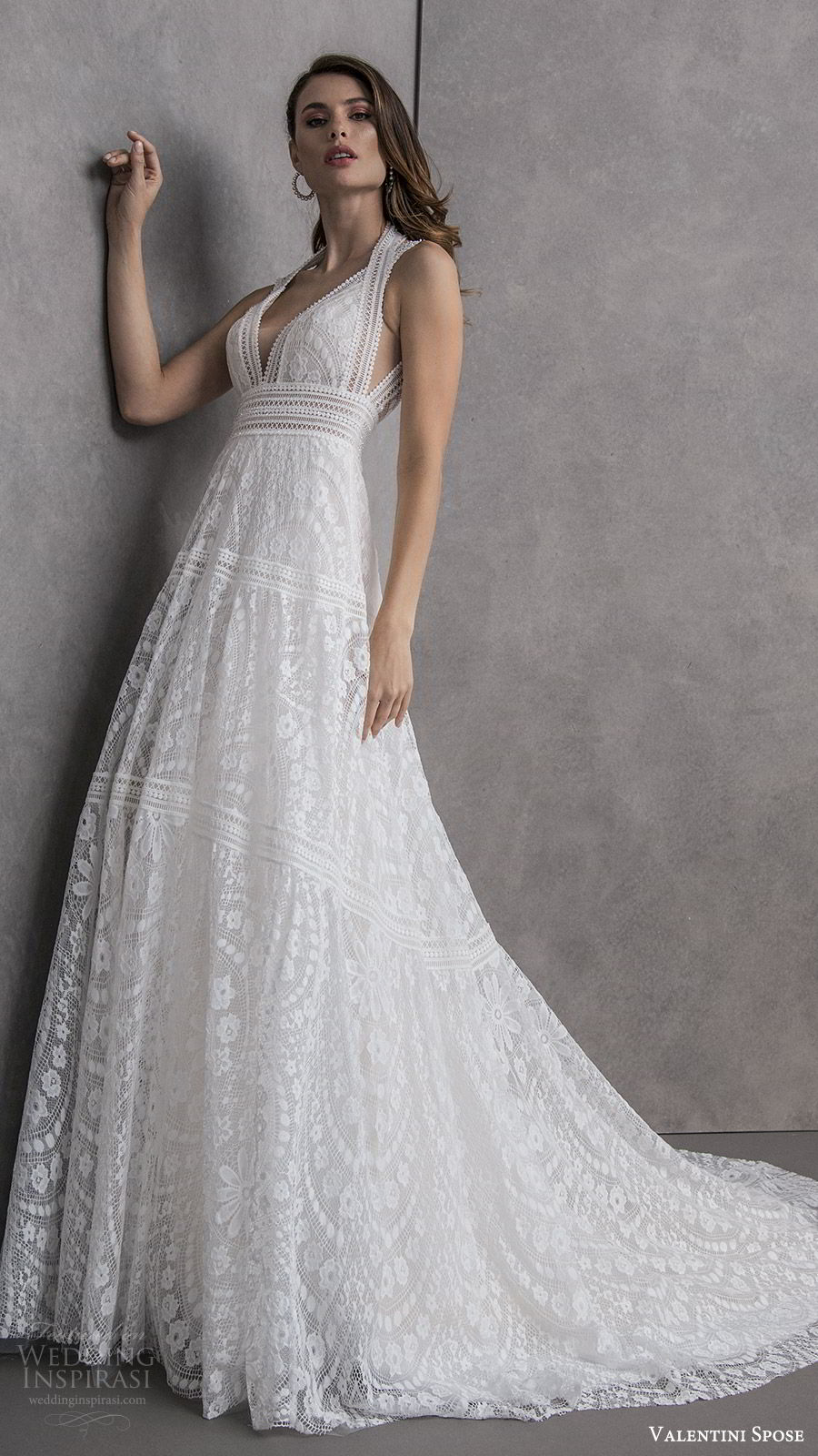 valentini spose spring 2020 bridal sleeveless halter neckline deep v neck fully embellished lace a line wedding dress (12) romantic boho chic chapel train keyhole back mv