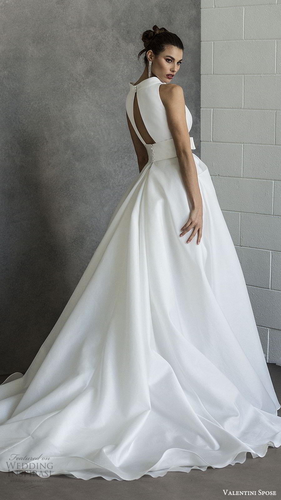 valentini spose spring 2020 bridal sleeveless split funnel neck a line ball gown wedding dress (16) pocket bow waist minimal modern chapel train bv