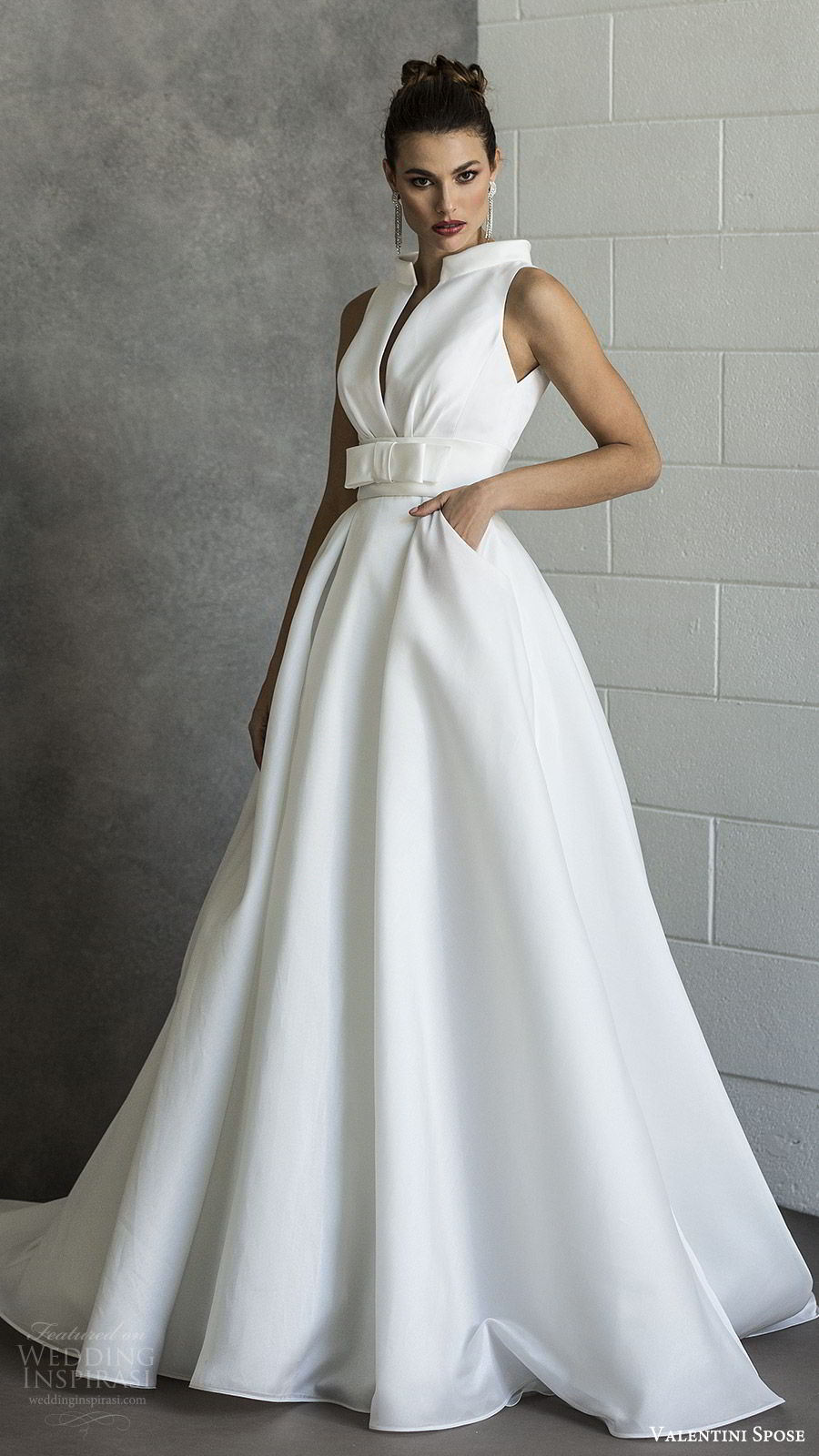 valentini spose spring 2020 bridal sleeveless split funnel neck a line ball gown wedding dress (16) pocket bow waist minimal modern chapel train mv