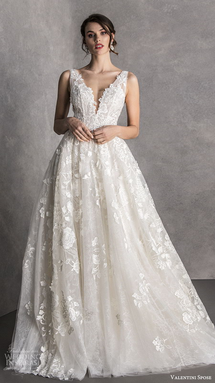 valentini spose spring 2020 bridal sleeveless thick straps deep v neckline fully embellished a line ball gown wedding dress (6) romantic princess mv