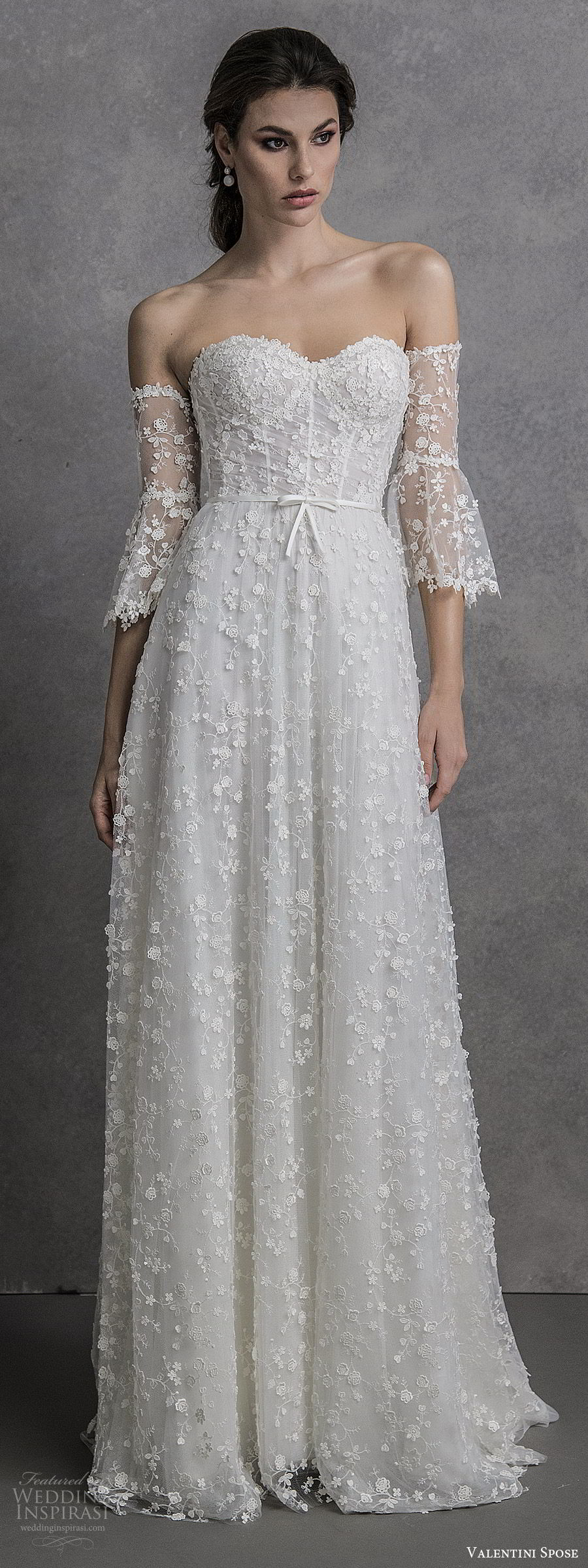 valentini spose spring 2020 bridal strapless sweetheart detached illusion bell half sleeves fully embellished soft a line wedding dress (9) sweep train boho chic romantic mv