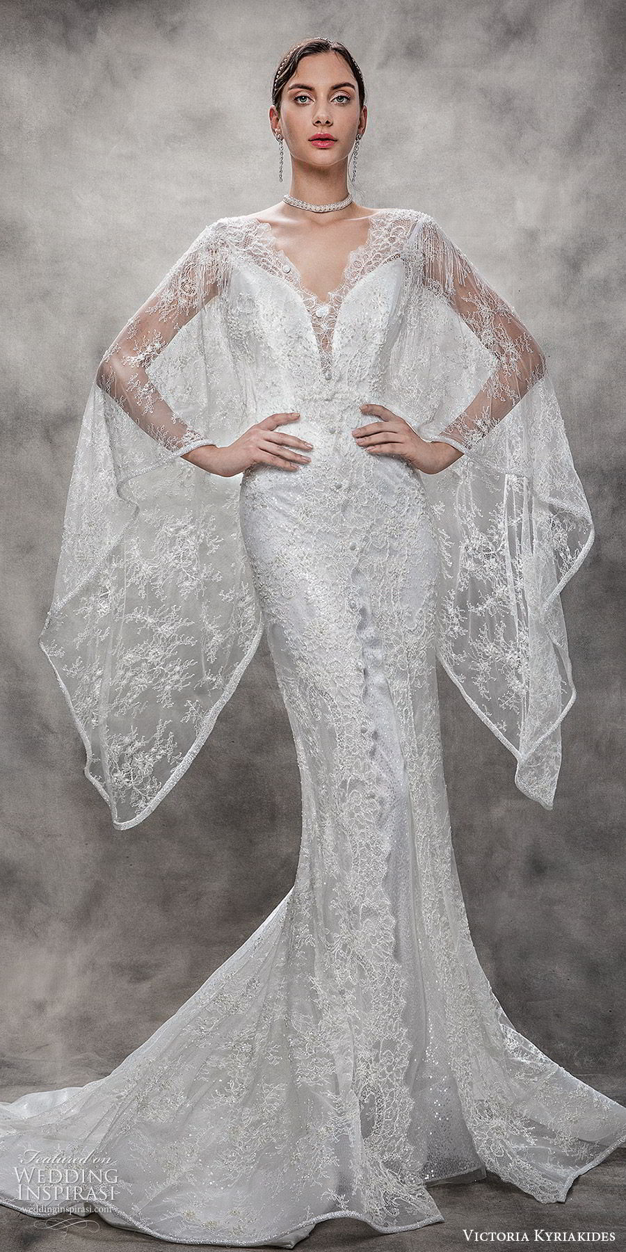 victoria kyriakides spring 2020 bridal beaded fringe short sleeves split sweetheart neckline sheath wedding dress (17) chapel train glitzy sheer full length jacket cape mv