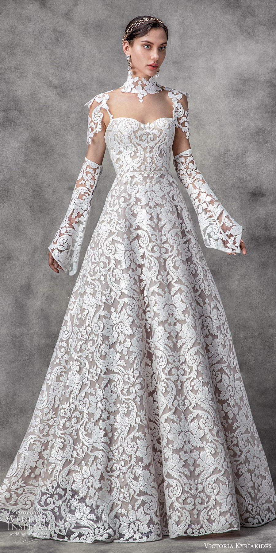 victoria kyriakides spring 2020 bridal illusion cap sleeves detached long sleeves high neck sweetheart fully embellished lace a line ball gown wedding dress (14) modern romantic mv