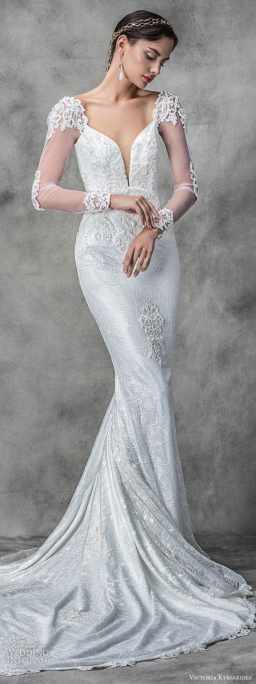 victoria kyriakides spring 2020 bridal illusion long sleeves split sweetheart neckline fully embellished lace sheath wedding dress (13) elegant chapel train lv