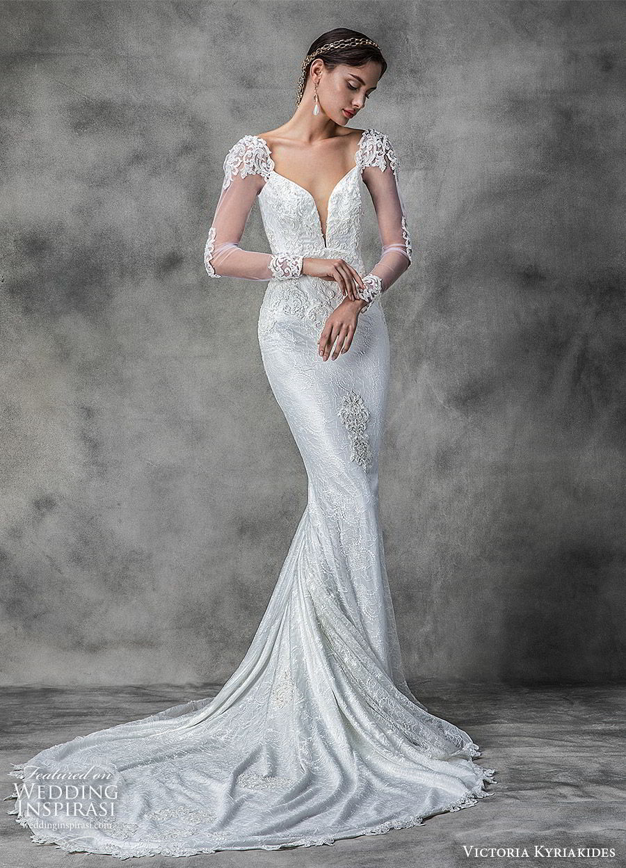 victoria kyriakides spring 2020 bridal illusion long sleeves split sweetheart neckline fully embellished lace sheath wedding dress (13) elegant chapel train mv
