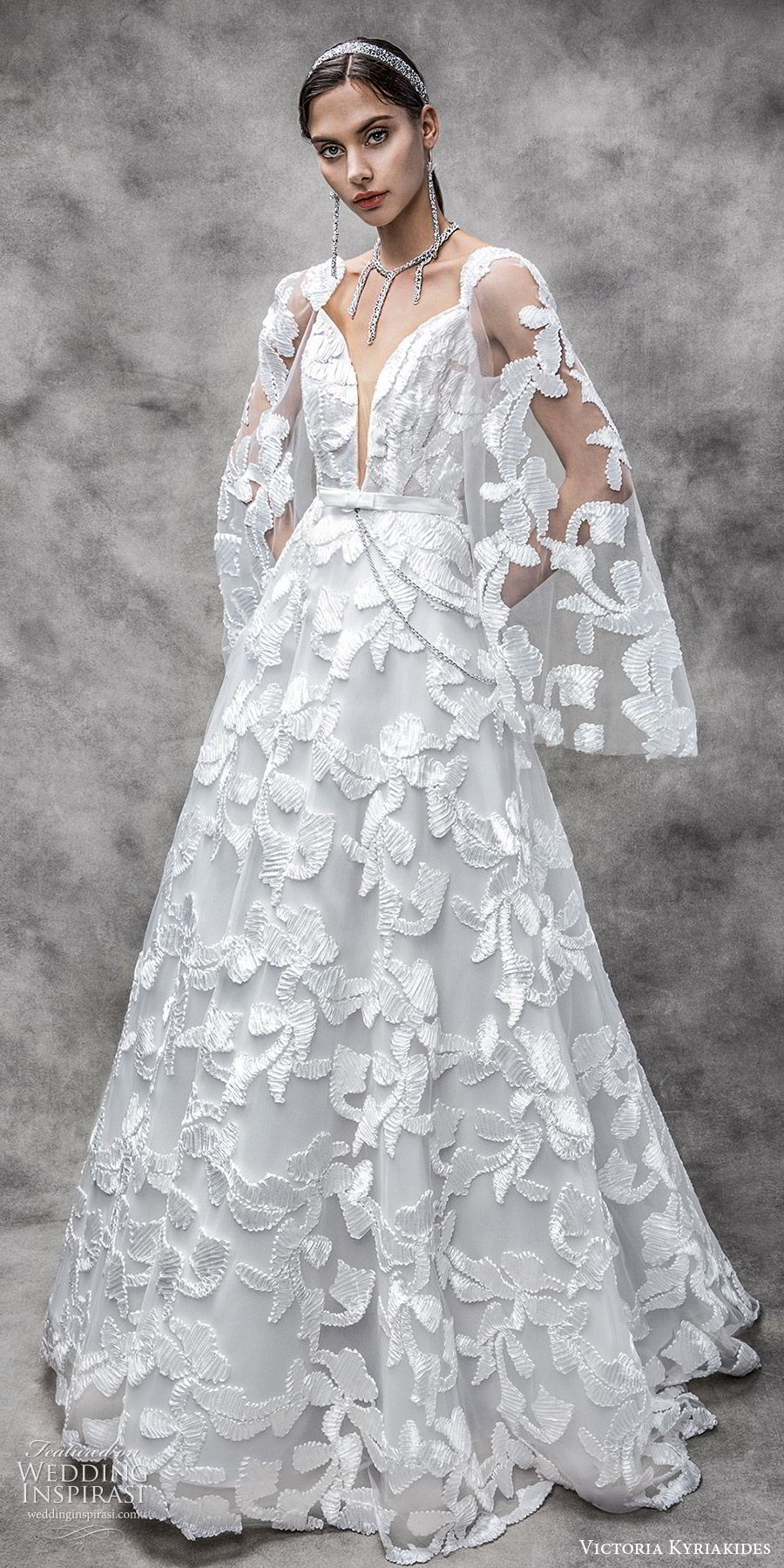 victoria kyriakides spring 2020 bridal sheer pagoda sleeves split sweetheart neckline fully embellished a line ball gown wedding dress (9) modern romantic mv