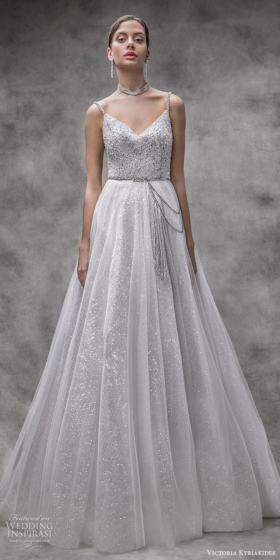 victoria kyriakides spring 2020 bridal sleeveless beaded straps v neck fully embellished a line ball gown wedding dress (11) glitzy romantic glam modern metallic mv