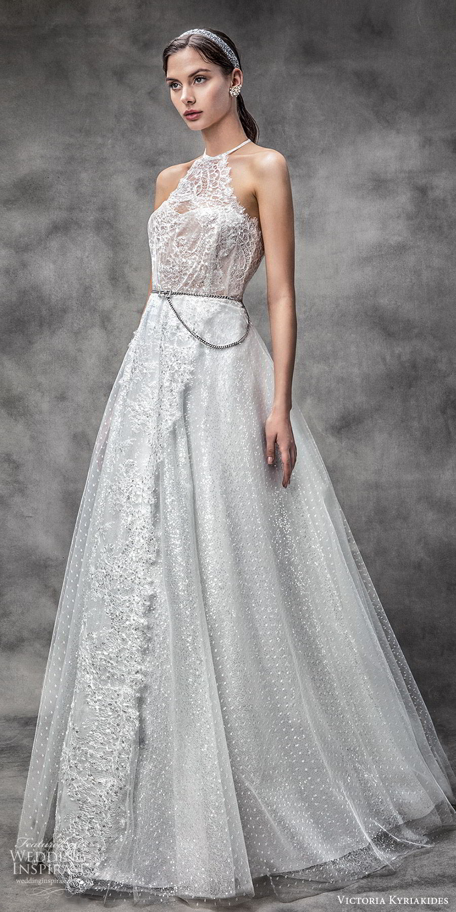 victoria kyriakides spring 2020 bridal sleeveless halter neck sheer bodice sweetheart fully embellished a line ball gown wedding dress (3) glitzy romantic mv