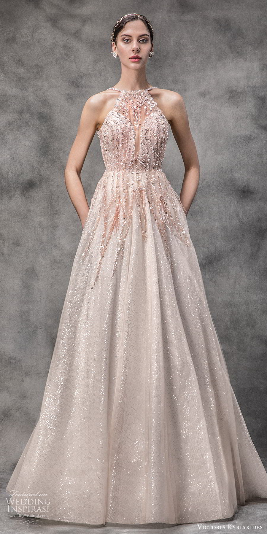 victoria kyriakides spring 2020 bridal sleeveless halter neck sheer bodice sweetheart fully embellished a line ball gown wedding dress (4) blush color glitzy romantic mv