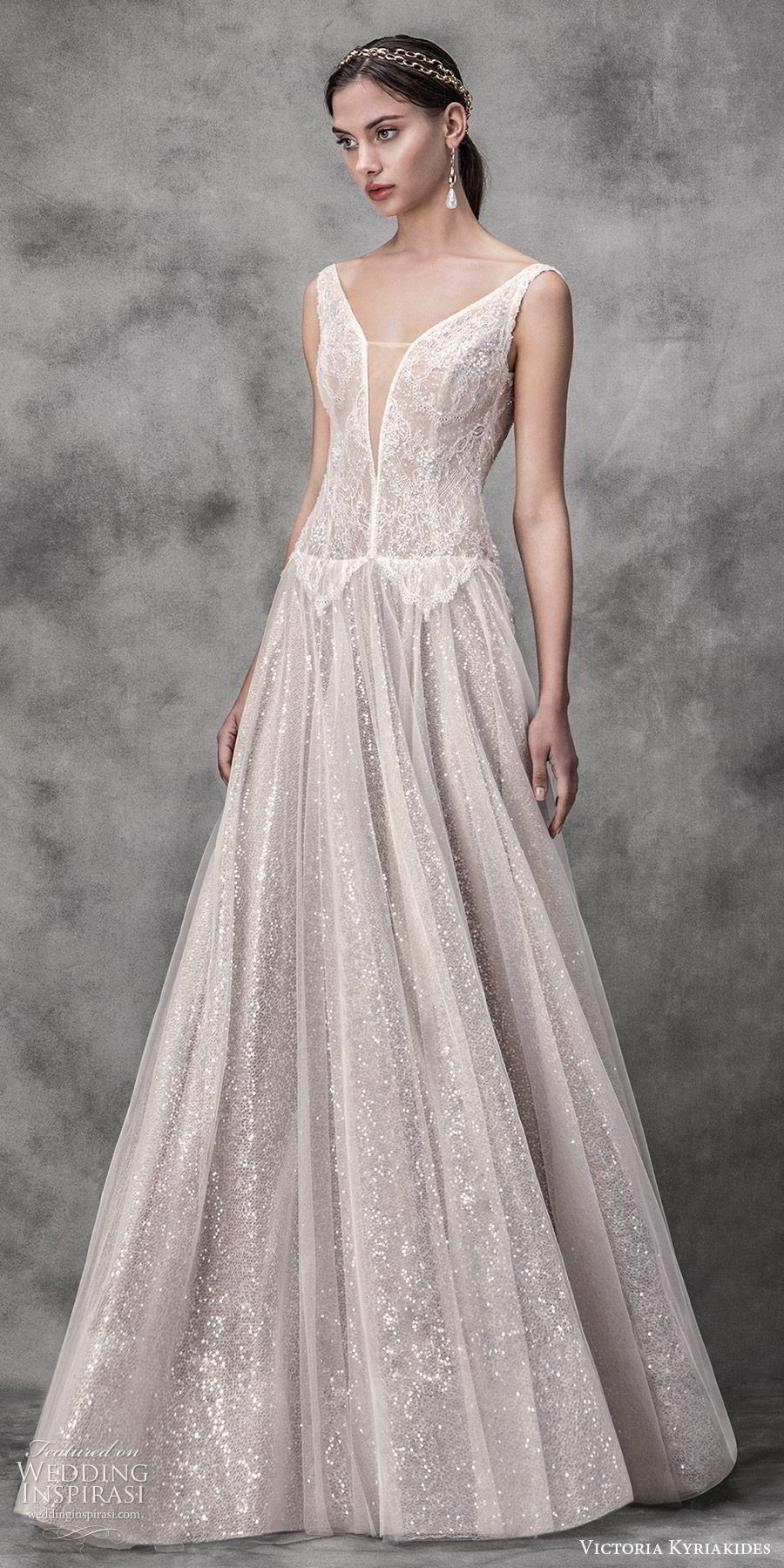 victoria kyriakides spring 2020 bridal sleeveless split sweetheart neckline drop waist fully embellished lace a line ball gown wedding dress (15) blush romantic glitzy mv