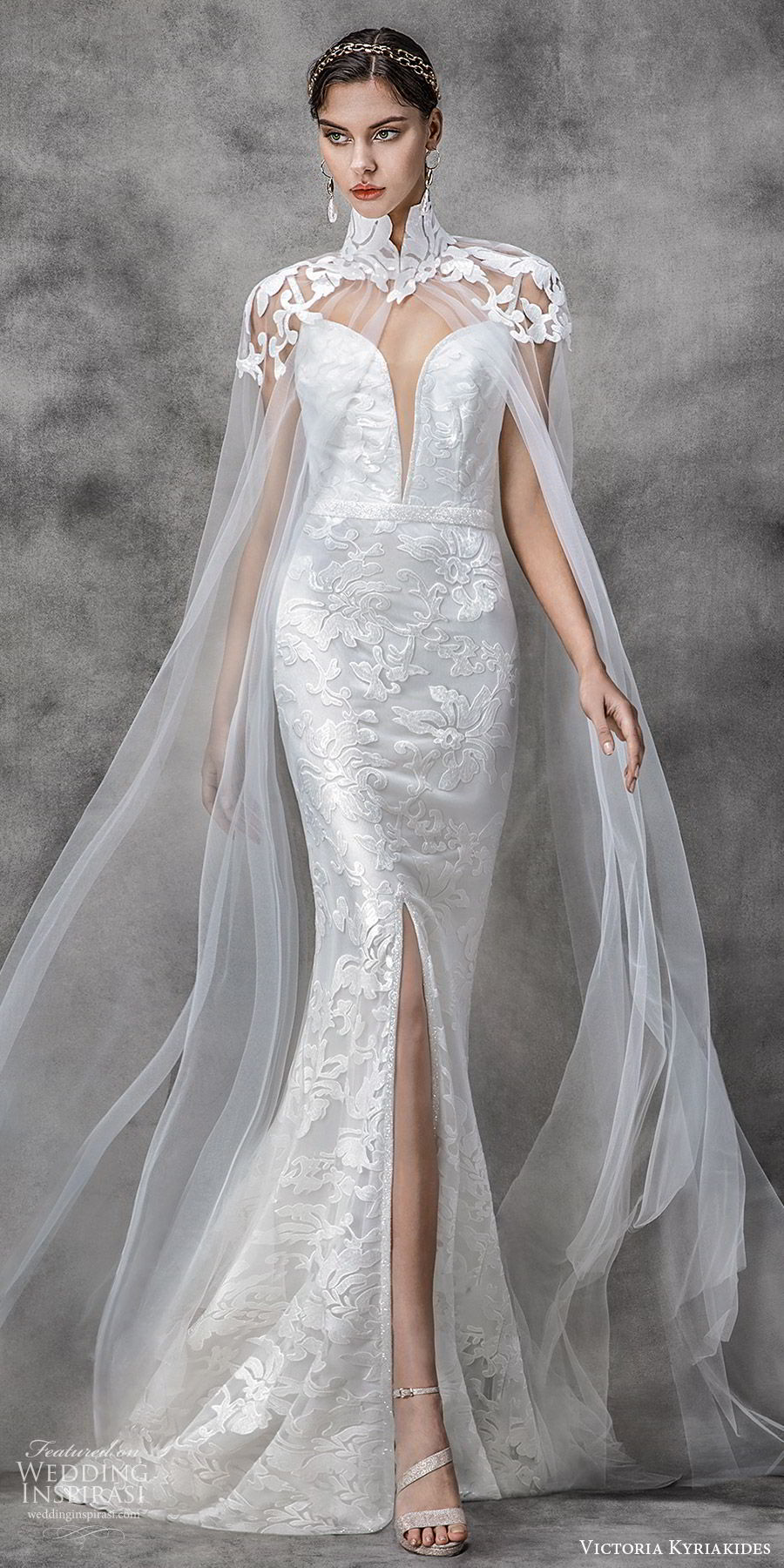 victoria kyriakides spring 2020 bridal sleeveless straps split sweetheart neckline embroidered sheath wedding dress slit skirt (1) sheer high neck cape mv