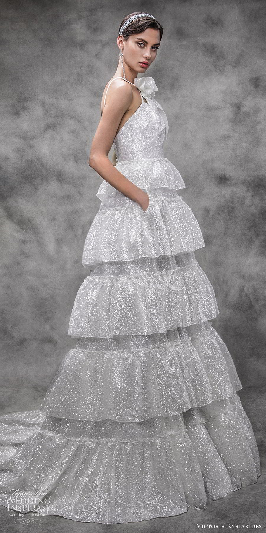 victoria kyriakides spring 2020 bridal sleeveless straps sweetheart tiered skirt a line ball gown wedding dress (6) pockets chapel train glitzy modern mv