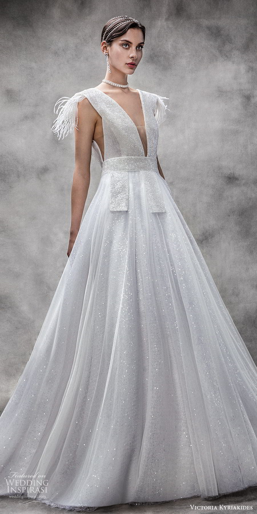 victoria kyriakides spring 2020 bridal sleeveless thick straps deep v neckline a line ball gown wedding dress (2) glitzy romantic mv