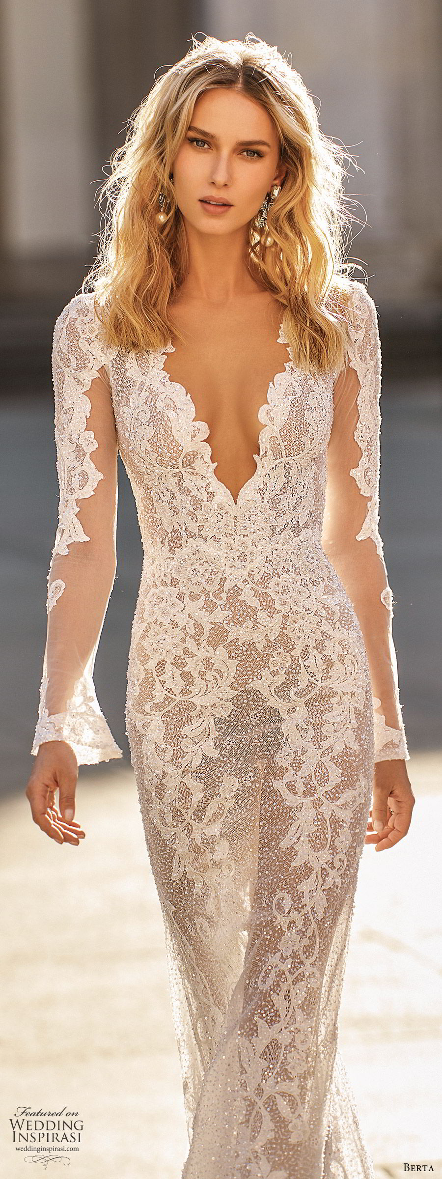 berta spring 2020 bridal illusion long flare sleeves deep v neck fully embellished lace sheath wedding dress (13) romantic elegant low back chapel train mv berta spring 2020 bridal illusion long flare sleeves deep v neck fully embellished lace sheath wedding dress (13) romantic elegant low back chapel train mv