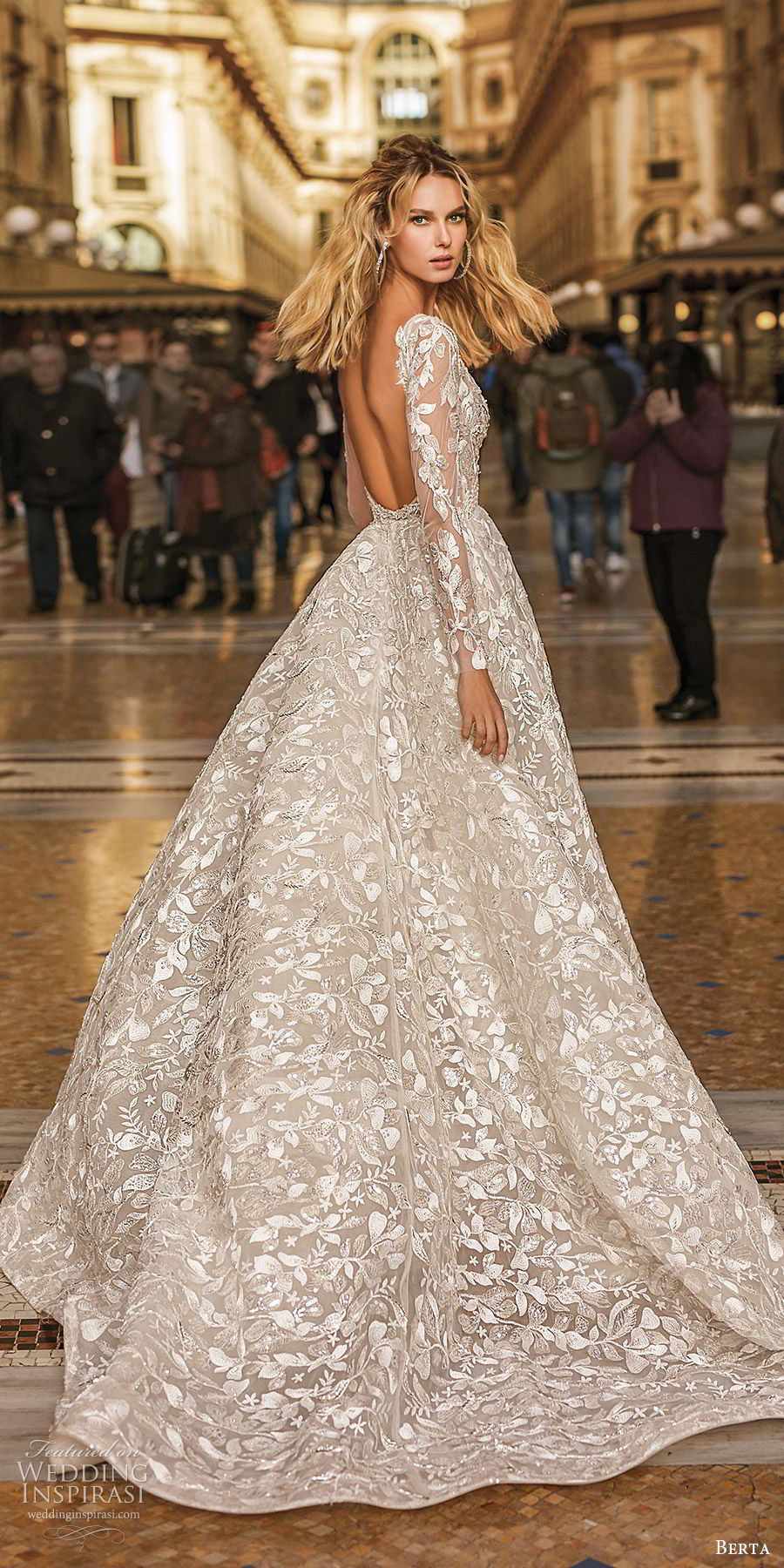 berta spring 2020 bridal illusion long sleeves deep v neck fully embellished a line ball gown wedding dress (11) romantic elegant chapel train bv