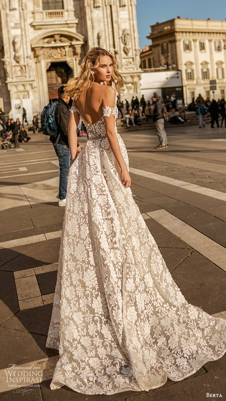 berta spring 2020 bridal off shoulder semi sweetheart sheer bodice skirt fully embellished lace a line ball gown wedding dress (7) romantic elegant sweep train bv