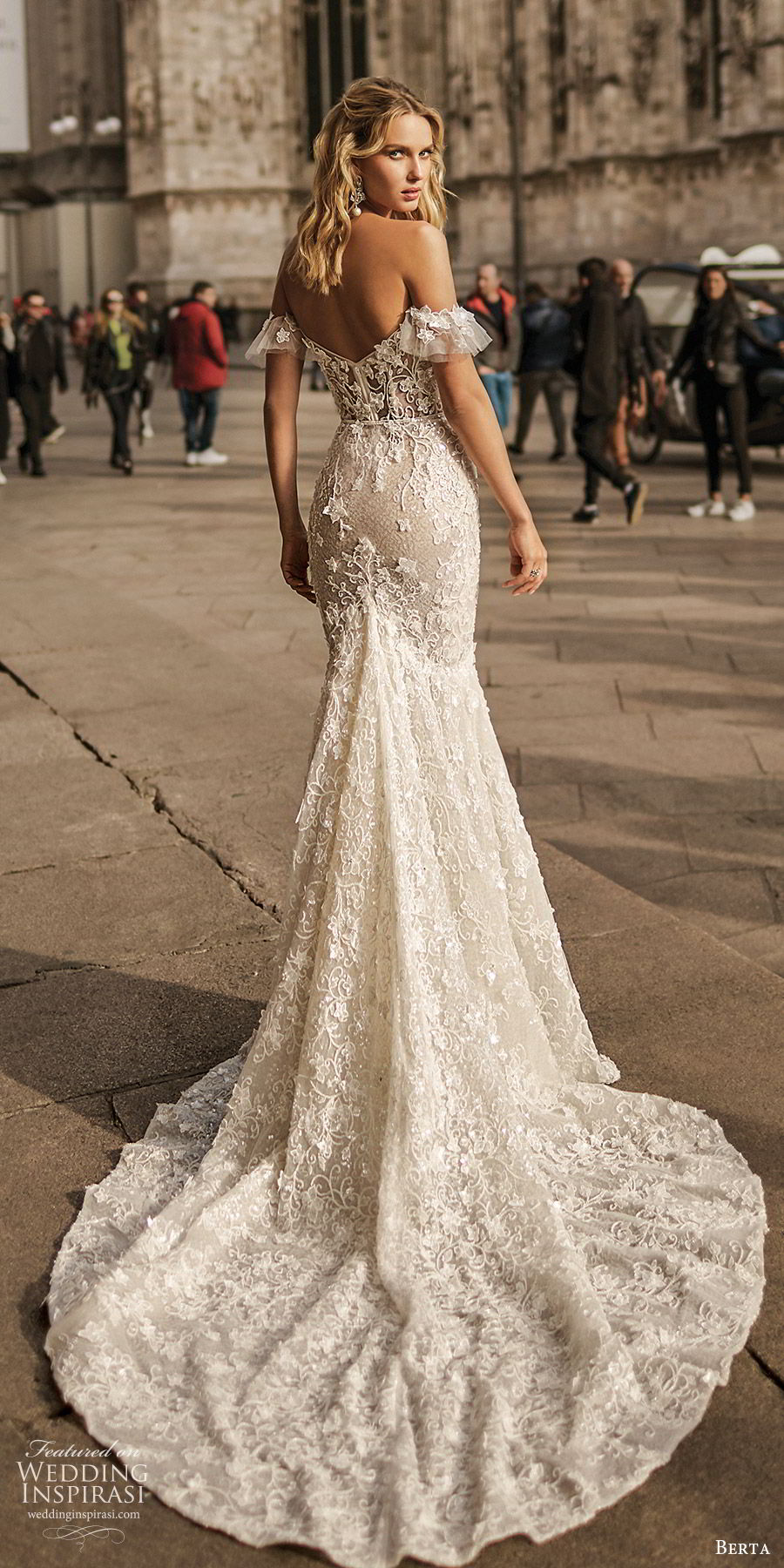 berta spring 2020 bridal off shoulder sweetheart fully embellished lace trumpet sheath mermaid wedding dress (6) elegant romantic chapel train bv