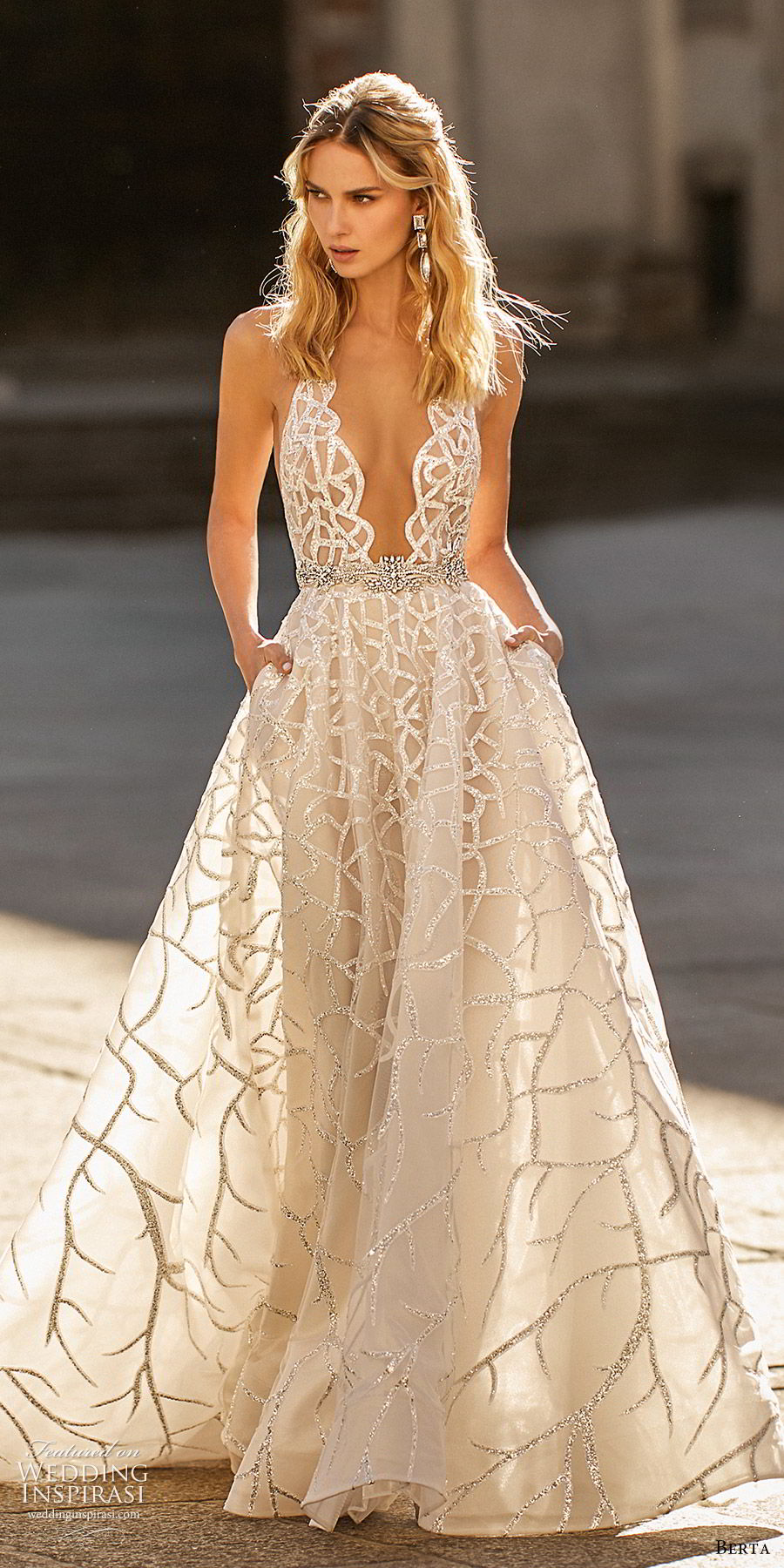 berta spring 2020 bridal sleeveless hatler neck plunging neckline fully embellished a line ball gown wedding dress (14) champagne glitzy princess chapel train mv