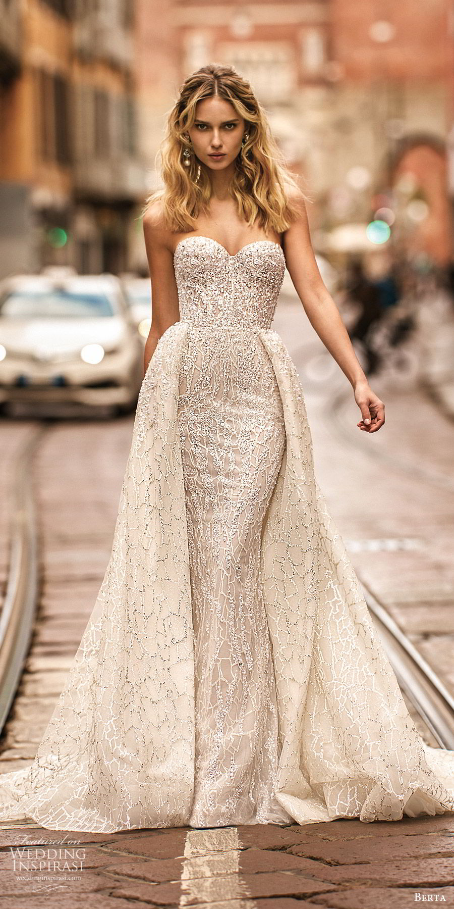 berta spring 2020 bridal strapless sweetheart fully embellished sheath wedding dress beaded ball gown overskirt (17) glitzy glam modern chapel train mv