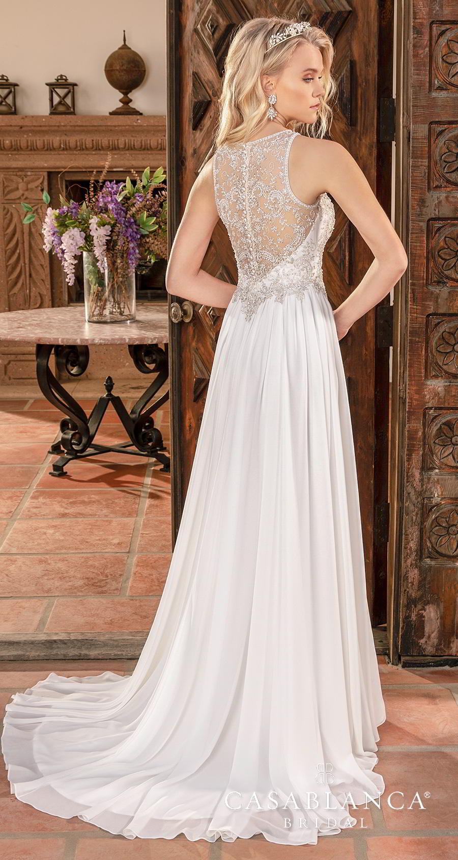 casablanca fall 2019 bridal halter neck illusion jewel sweetheart neckline heavily embellished bodice slit skirt elegant modified a  line wedding dress sheer lace back short train (2393) bv