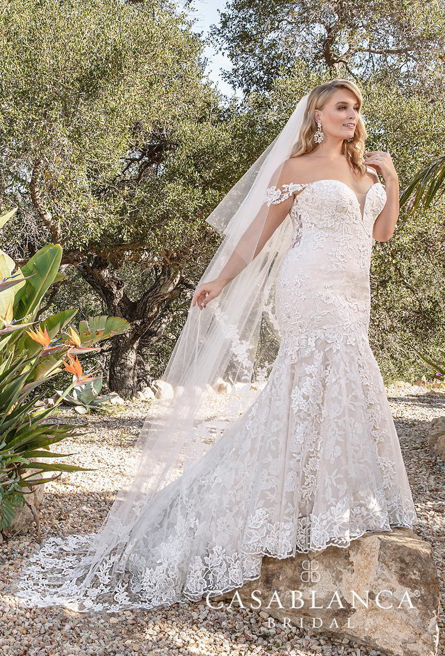 casablanca fall 2019 bridal off the shoulder sweetheart neckline full embellishment elegant romantic mermaid wedding dress chapel train (2376) mv