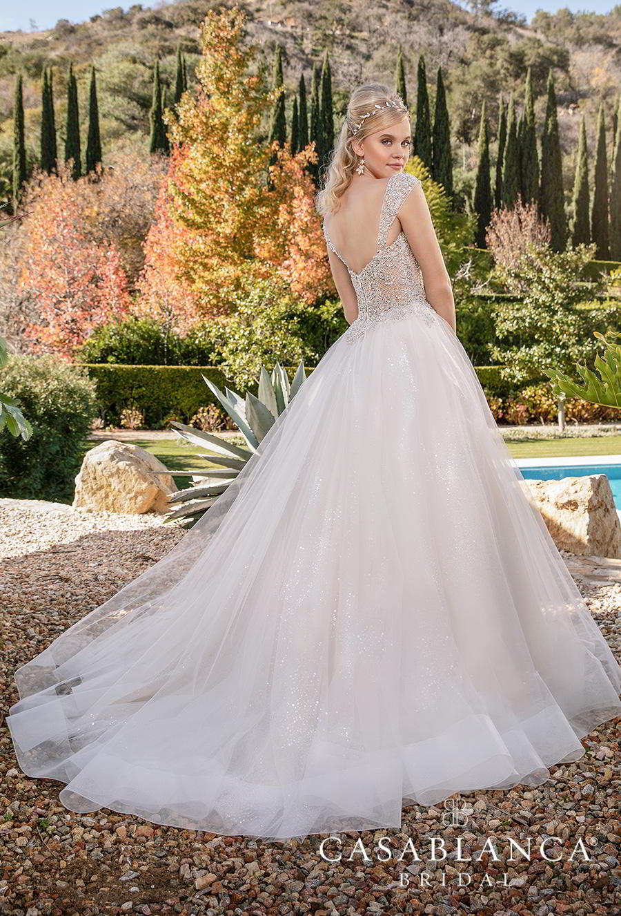 casablanca fall 2019 bridal sleeveless tapered strap sweetheart neckline heavily embellished bodice tulle skirt princess ball gown a  line wedding dress mid back chapel train (2374) bv