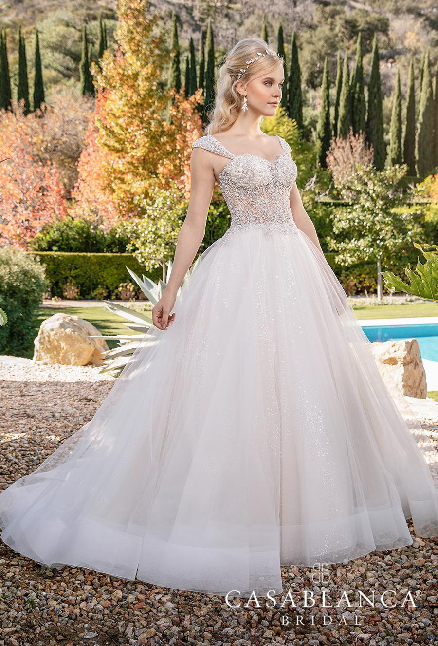 casablanca fall 2019 bridal sleeveless tapered strap sweetheart neckline heavily embellished bodice tulle skirt princess ball gown a  line wedding dress mid back chapel train (2374) mv