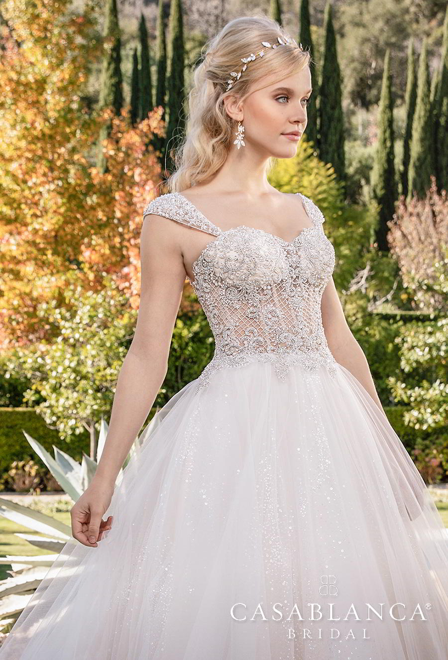 casablanca fall 2019 bridal sleeveless tapered strap sweetheart neckline heavily embellished bodice tulle skirt princess ball gown a  line wedding dress mid back chapel train (2374) zv