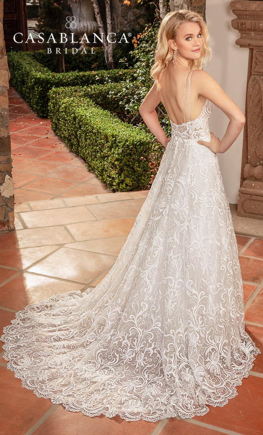 casablanca fall 2019 bridal sleeveless with strap v neck full embellishment elegant modified a  line wedding dress backless medium train (2378) bv