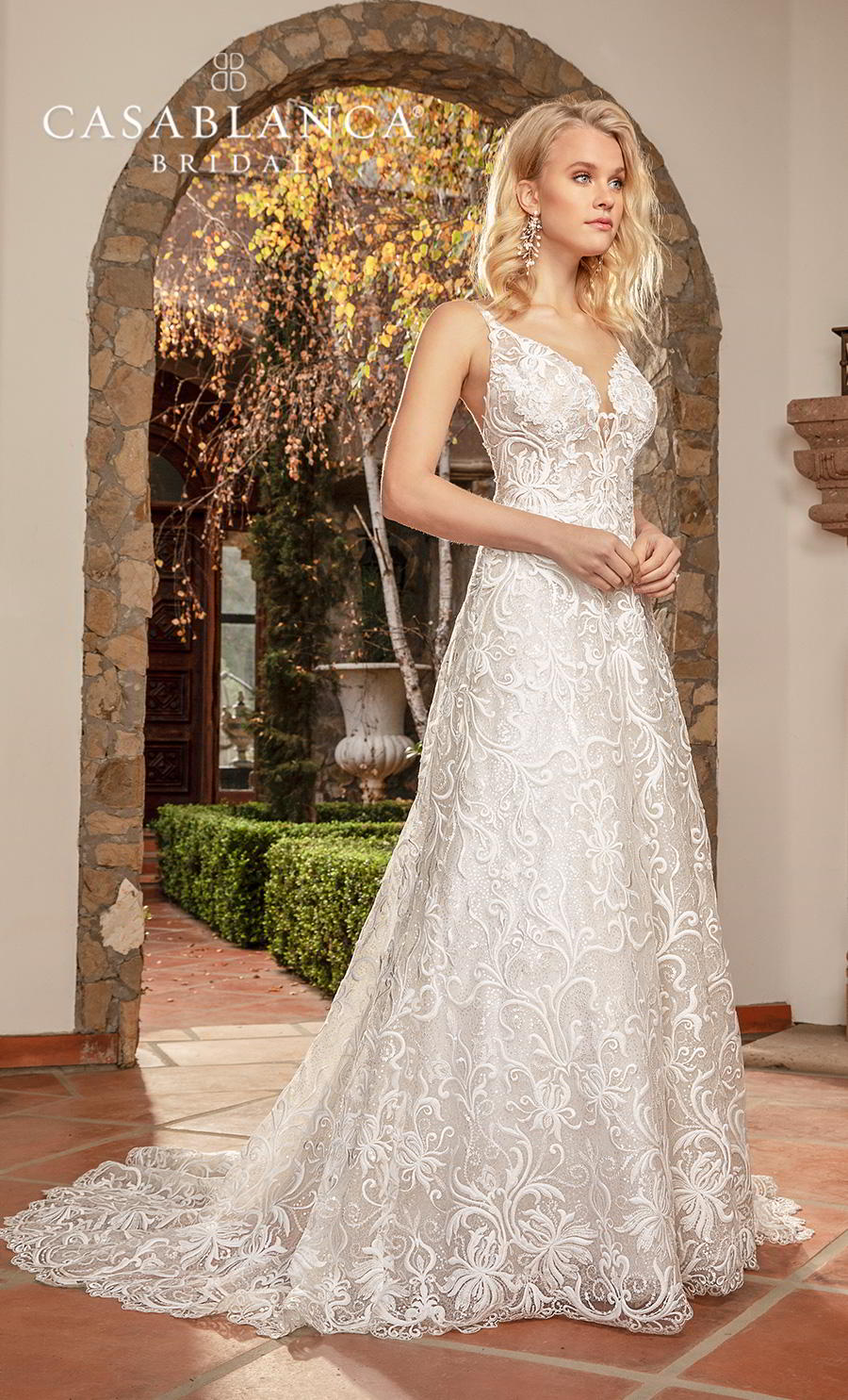 casablanca fall 2019 bridal sleeveless with strap v neck full embellishment elegant modified a  line wedding dress backless medium train (2378) mv