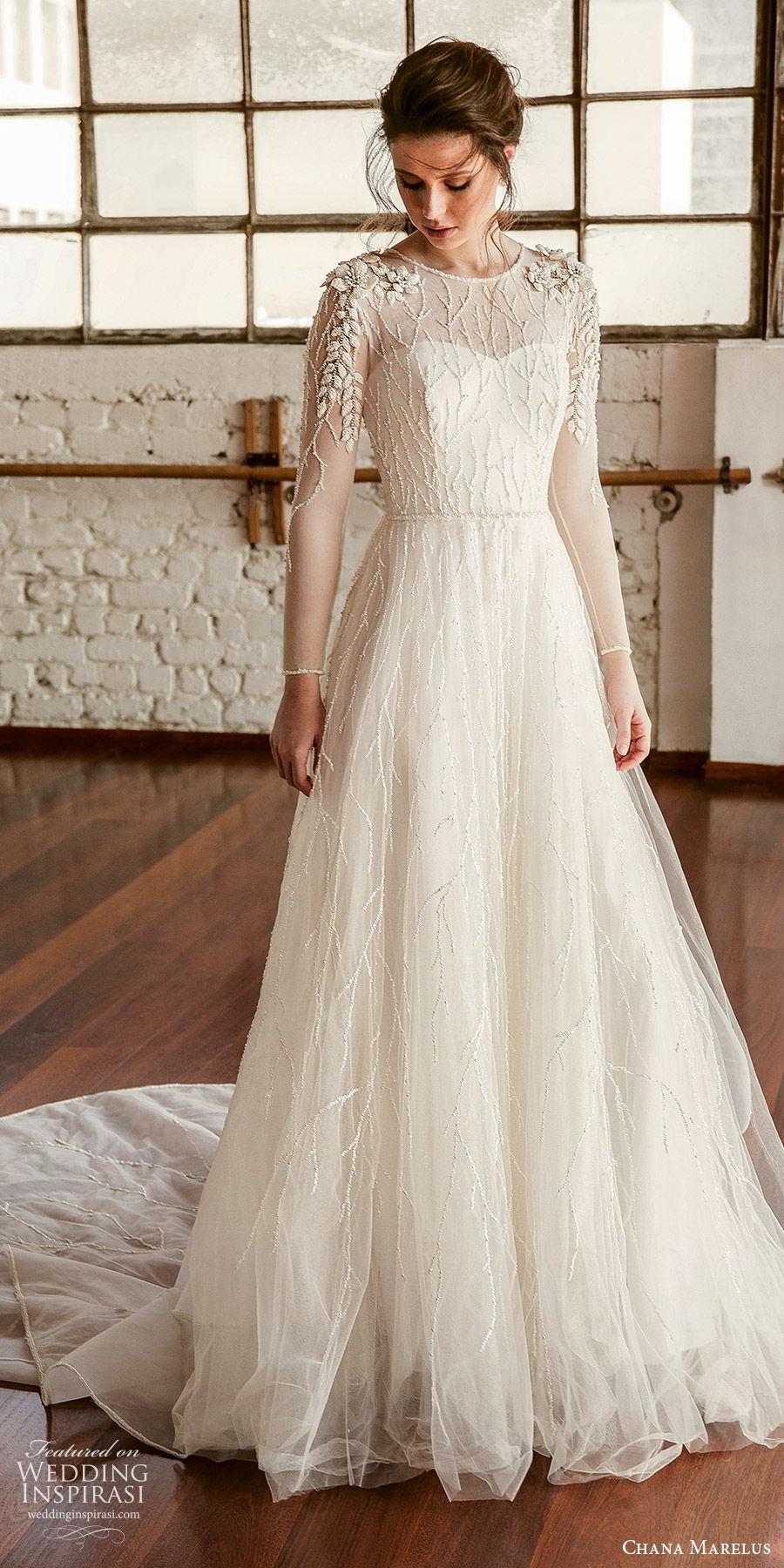 chana marelus fall 2019 bridal illusion long sleeves sheer jewel neck semi sweetheart neckline fully embellished a line ball gown wedding dress (2) elegant romantic chapel train mv