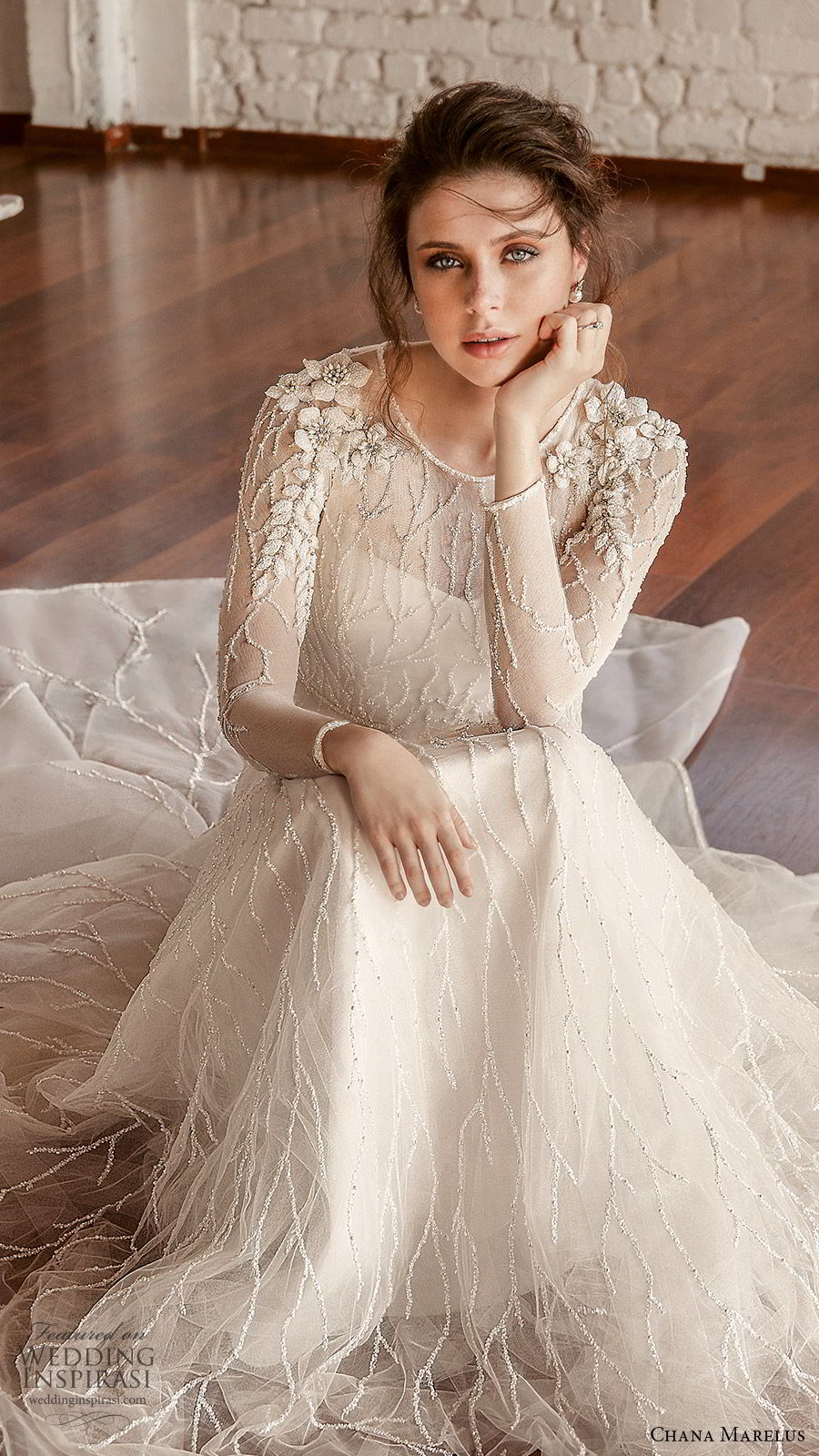 chana marelus fall 2019 bridal illusion long sleeves sheer jewel neck semi sweetheart neckline fully embellished a line ball gown wedding dress (2) elegant romantic chapel train zv