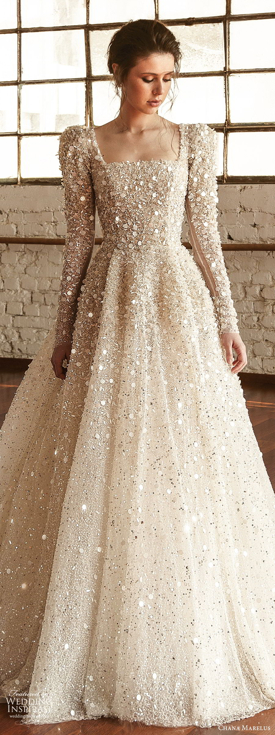 chana marelus fall 2019 bridal long puff sleeves square straigh across neckline fully embellished a line ball gown wedding dress (1) glitzy princess romantic cathedral train lv