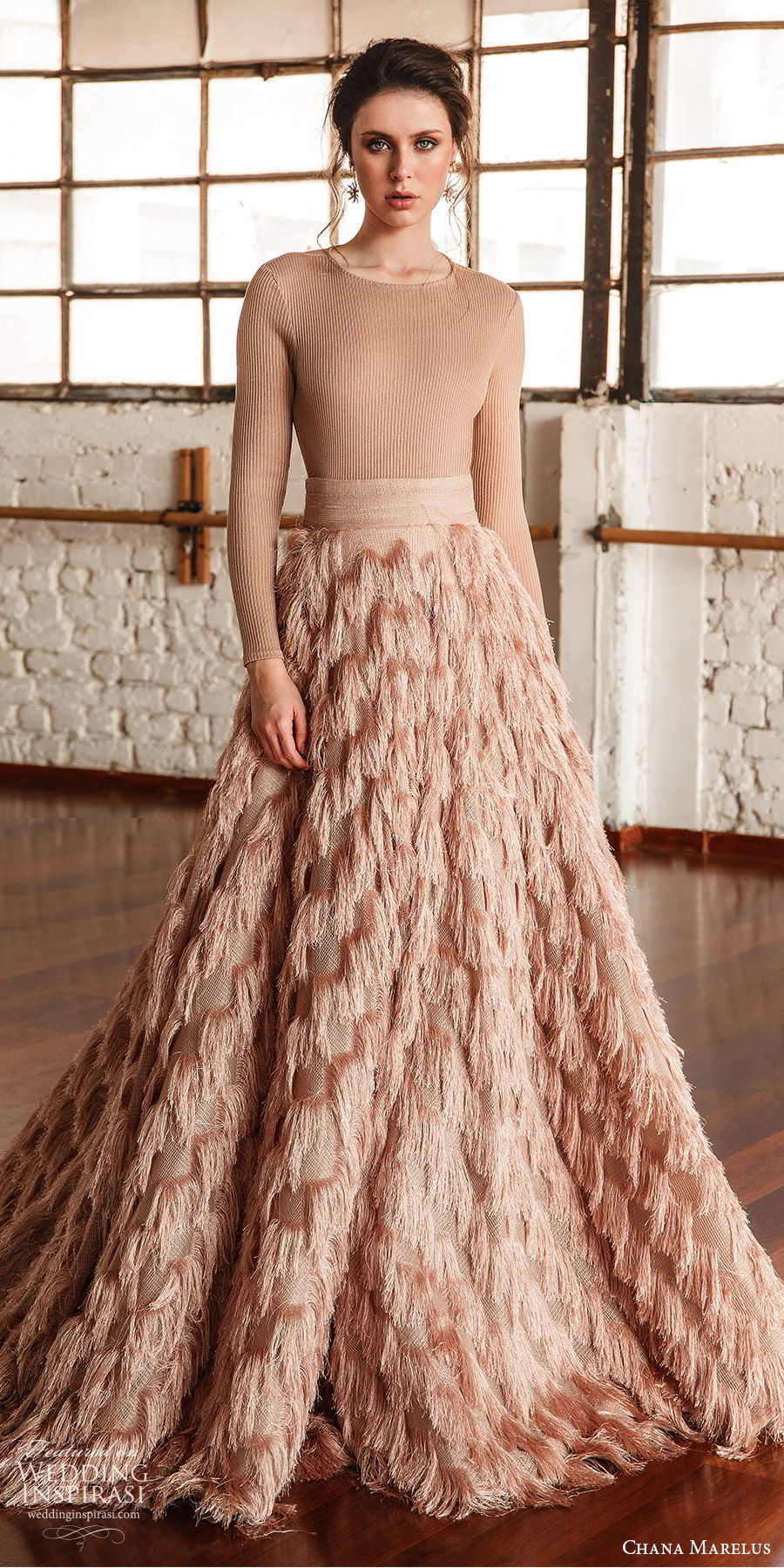 chana marelus fall 2019 bridal long sleeves jewel neck feather skirt a line ball gown wedding dress (8) modern chic blush color sweep train  mv