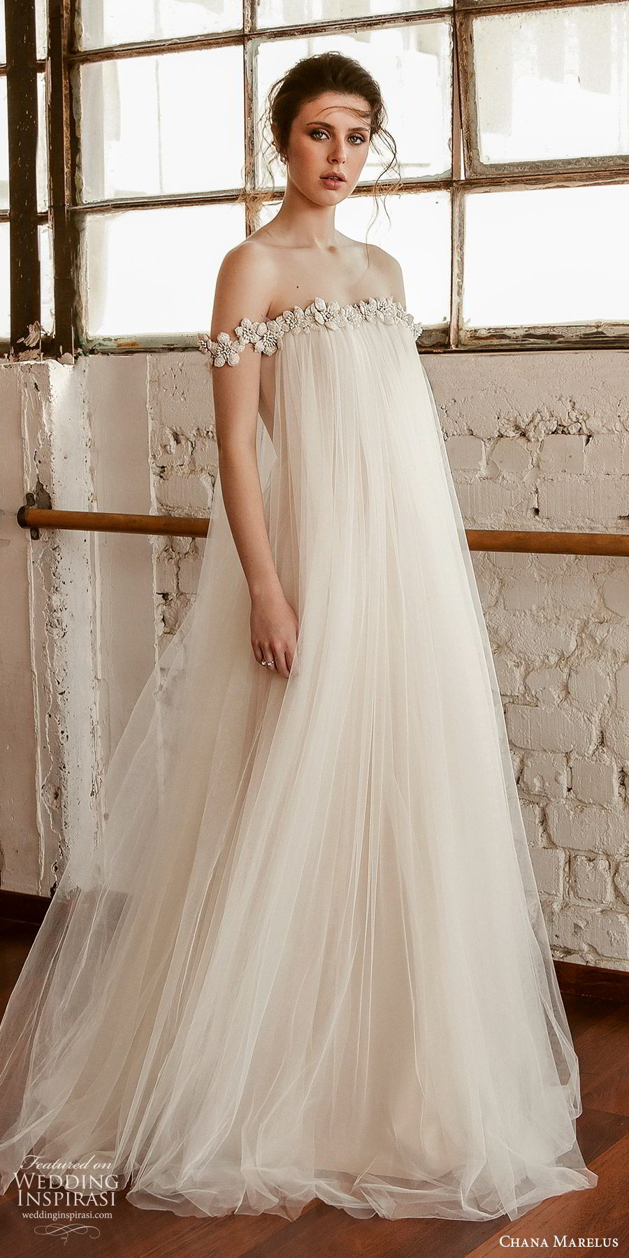 chana marelus fall 2019 bridal off shoulder straight across embellished neckline tent a line wedding dress (4) vintage boho chic sweep train mv