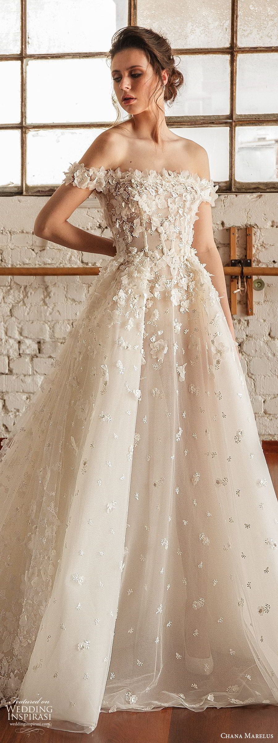 chana marelus fall 2019 bridal off shoulder straight across neckline fully embellished a line ball gown wedding dress (3) romantic princess cathedral train lv