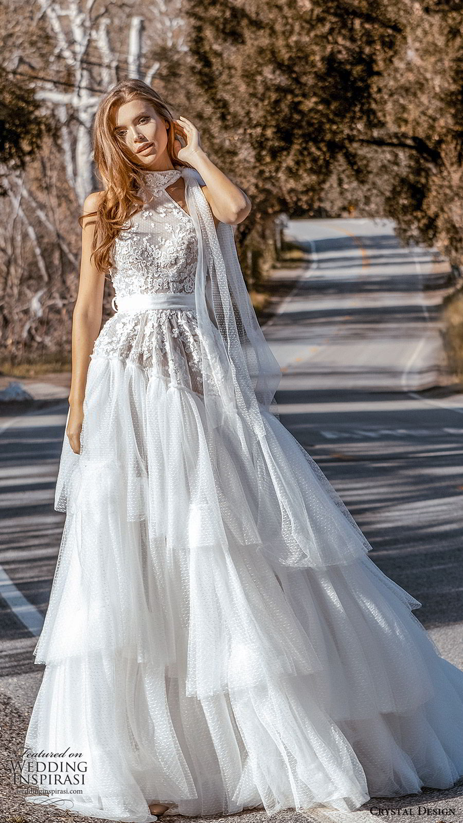 crystal design 2020 couture bridal sleeveless halter neck lace bodice drop waist ball gown wedding dress (6) romantic boho chic chapel train  mv