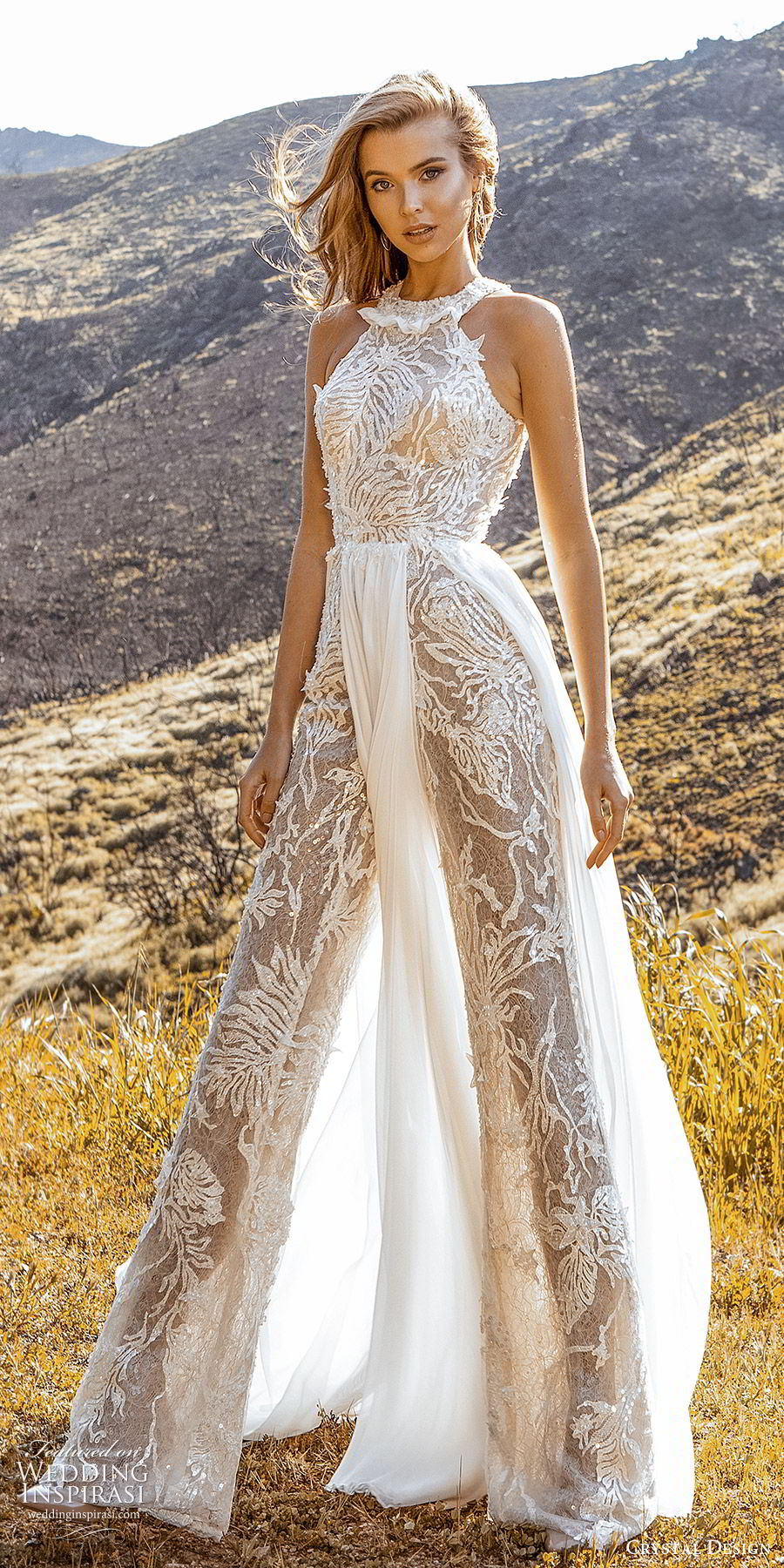 crystal design 2020 couture bridal sleeveless halter neckline jumpsuit wedding dress a line skirt slit (5) modern chic romantic mv