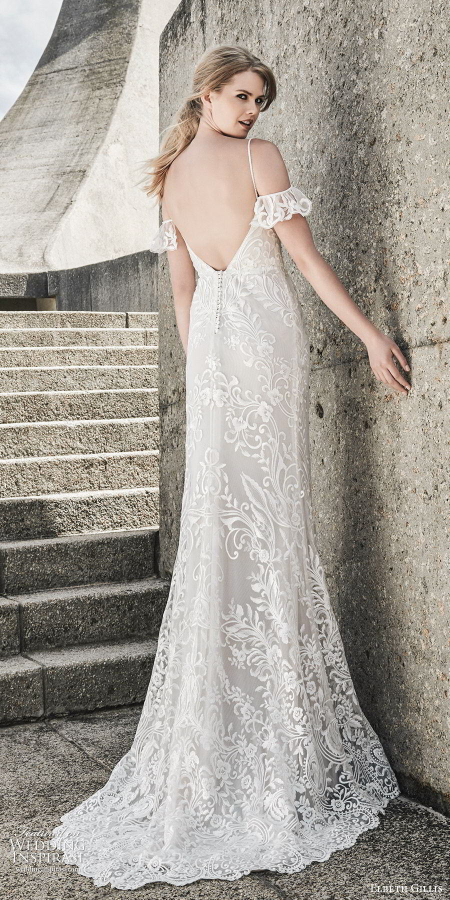 elbeth gillis 2020 bridal flutter sleeves thin straps semi sweetheart embellished lace trumpet sheath wedding dress (5) low back elegant chapel train bv