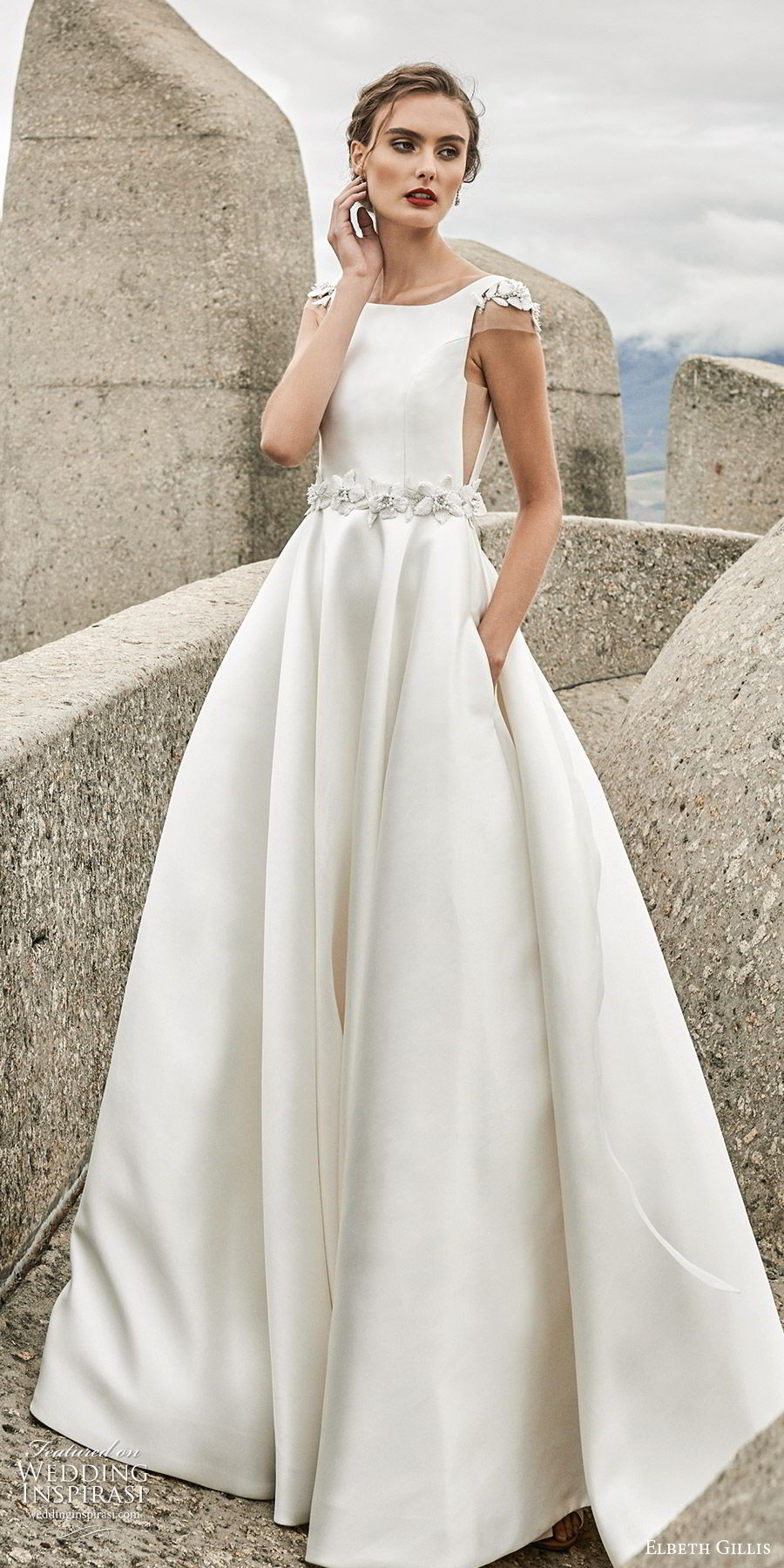 elbeth gillis 2020 bridal illusion cap sleeves bateau neckline side cutout beaded waist a line ball gown wedding dress (4) romantic princess v back chapel train mv