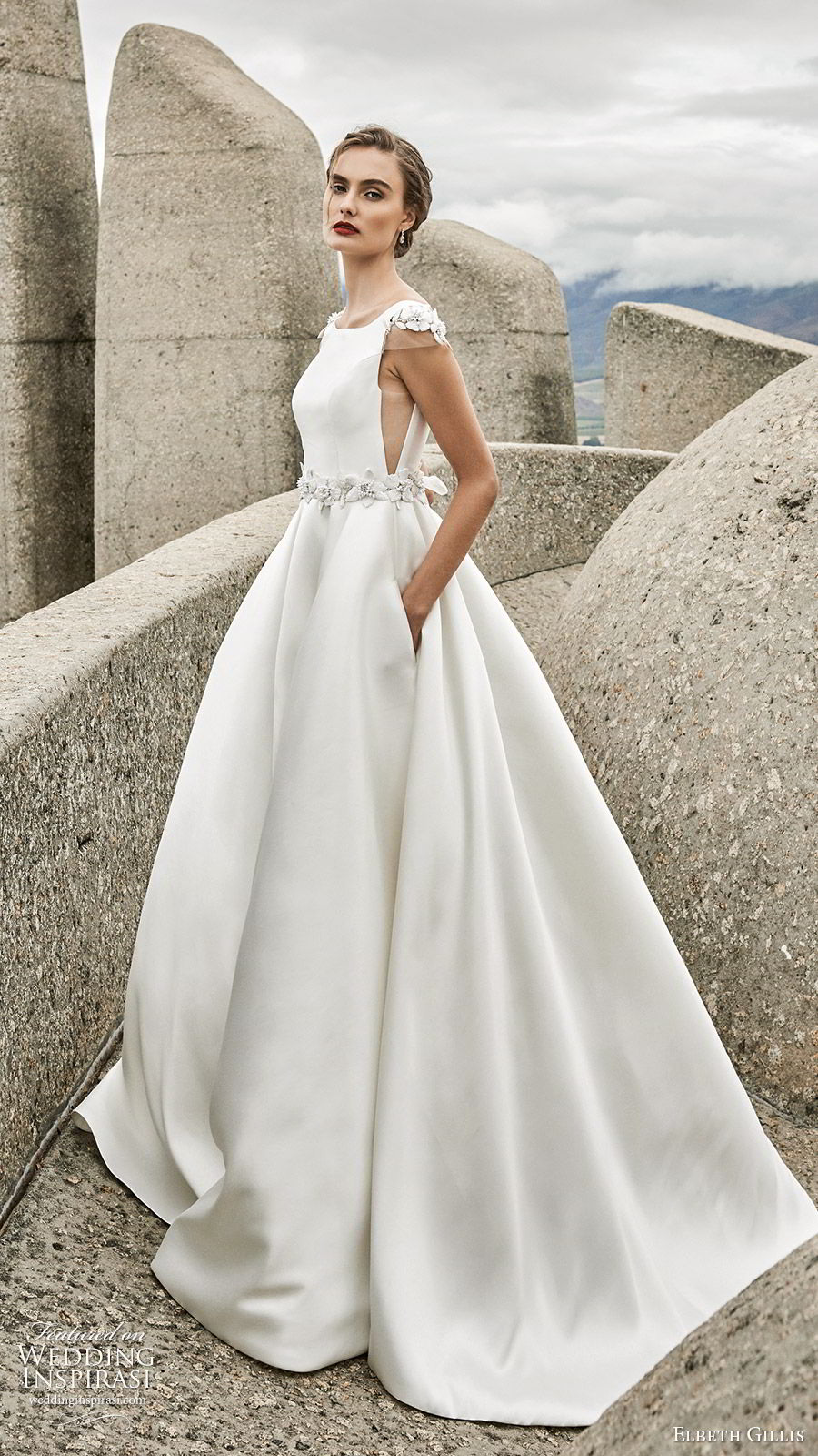 elbeth gillis 2020 bridal illusion cap sleeves bateau neckline side cutout beaded waist a line ball gown wedding dress (4) romantic princess v back chapel train sv